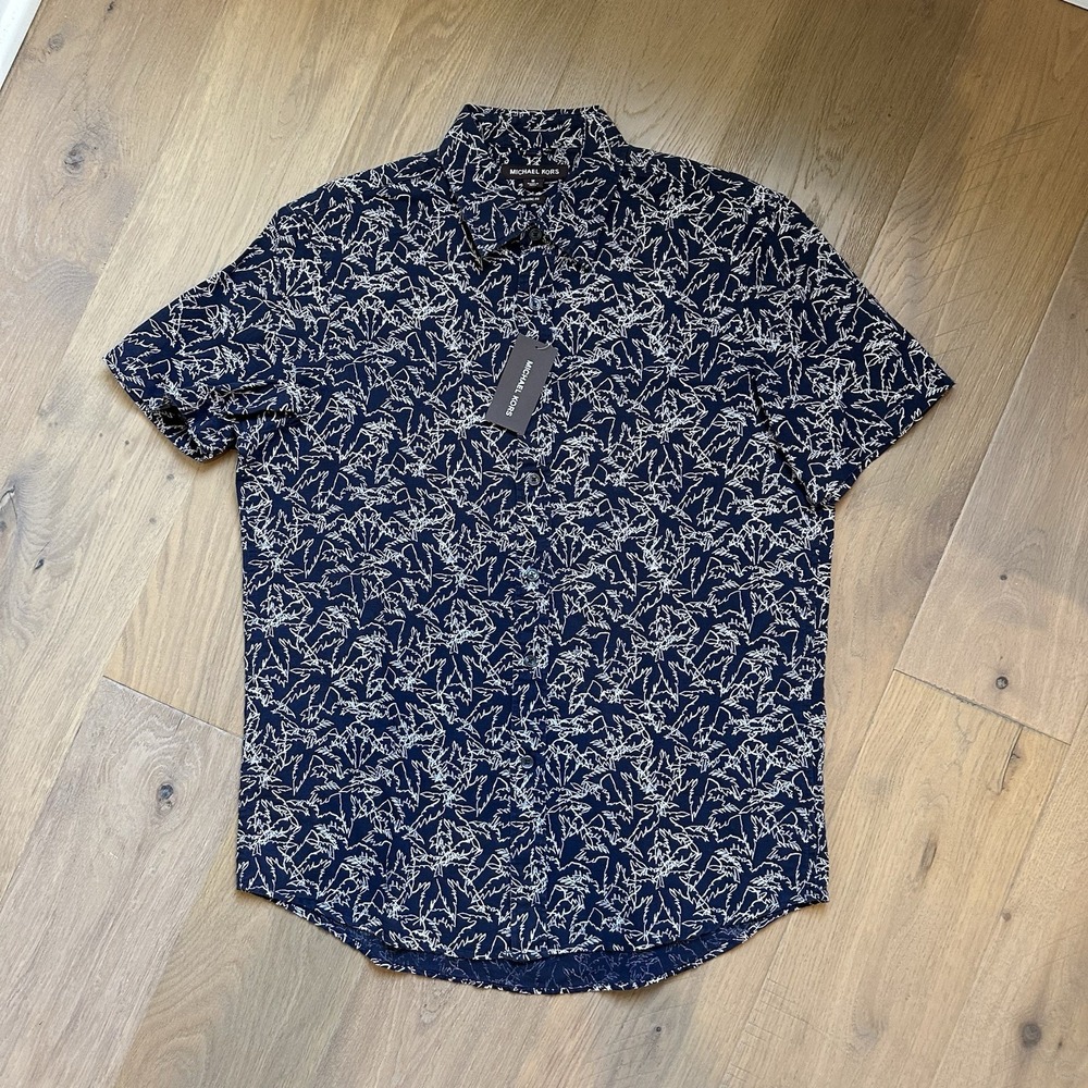 MICHAEL KORS Men's Midnight Blue Linen Blend Short‎ Sleeve Shirt Medium